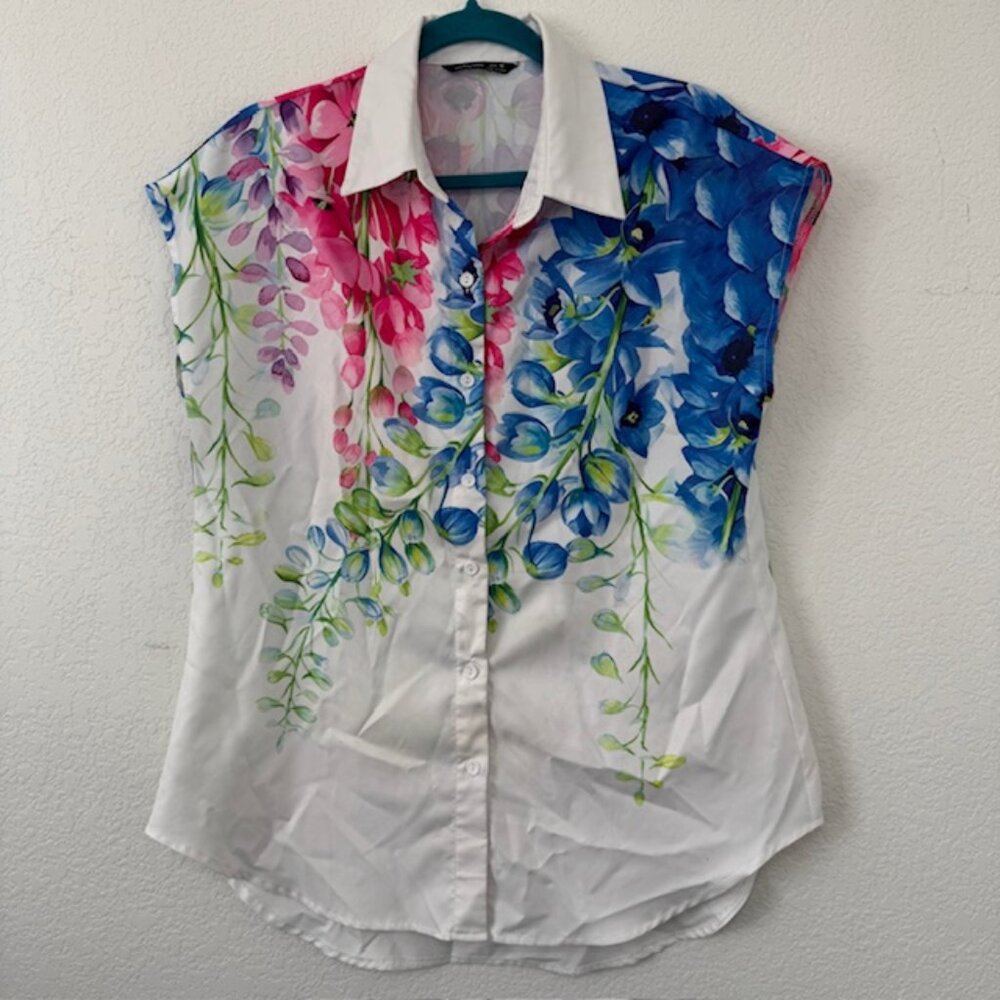 NORACORA Womens Floral Print Sleeveless Button Down Shirt Top Blouse Size M